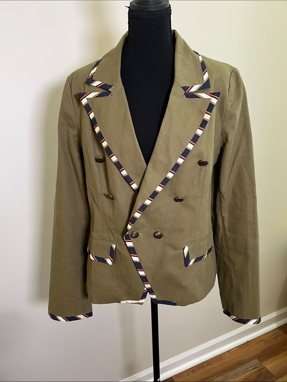 Fate Olive Double-Breasted Pea Coat with Navy, White & Red Striped Trim.